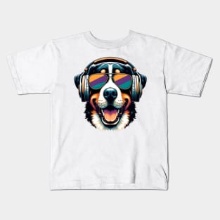 Greater Swiss Mountain Dog Smiling DJ with Euphoric Tunes Kids T-Shirt